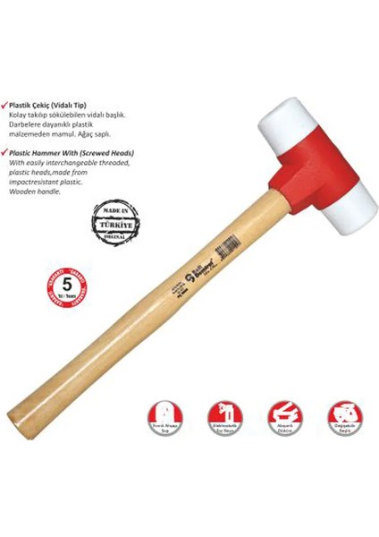 Sert Plastik Çekiç No:30 - Ahşap Saplı - Lisinya