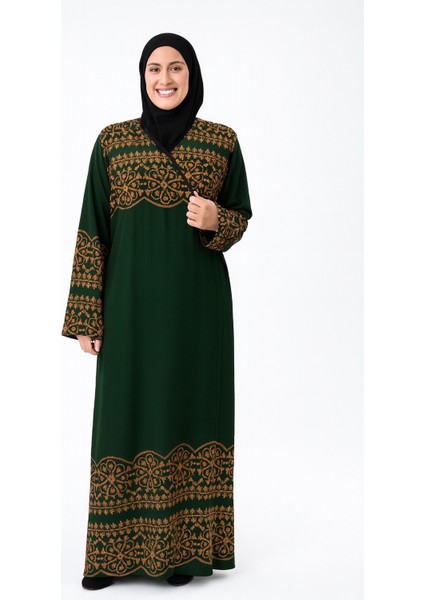 Geometrik Desenli Kruvaze Namaz Elbisesi – Yandan Bağlamalı, Rahat Kalıp 36–46 Beden