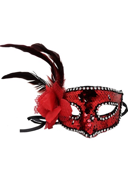 Kırmızı Renk Yandan Tüylü Güllü Gümüş Taşlı Pullu Maske 20X22 cm - Lisinya