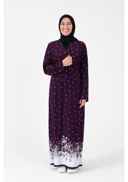 Noktalı Çiçek Desen Kruvaze Namaz Elbisesi – %100 Viskon, Yandan Bağlamalı, Rahat Kalıp 36-46 Beden
