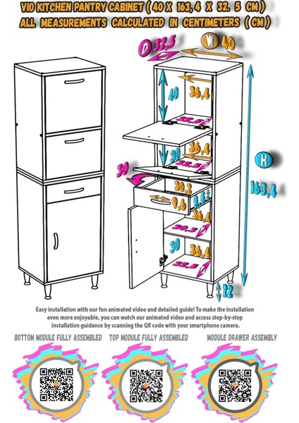 Vio Çok Amaçlı Dolap: (40X163.4X32,5 Cm) Ölçülerinde, Çekmeceli ve Kapaklı Mutfak Dolabı. indirimleri