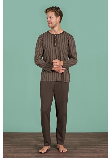 Erkek Kahverengi Düğmeli Çizgili Desen Uzun Kollu Pijama Takımı C9T4N91