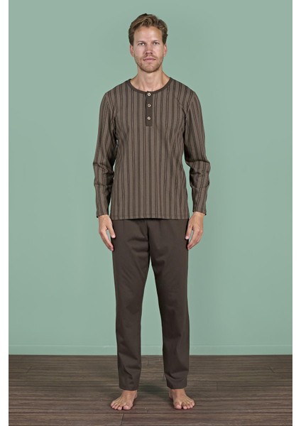 Erkek Kahverengi Düğmeli Çizgili Desen Uzun Kollu Pijama Takımı C9T4N91 fiyatları