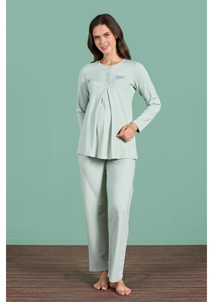 Kadın Yeşil Renk Yarım Düğmeli Uzun Kollu Lohusa Pijama Takımı C6T4N91 fiyatları