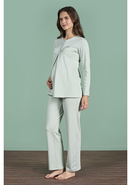 Kadın Yeşil Renk Yarım Düğmeli Uzun Kollu Lohusa Pijama Takımı C6T4N91 fırsatları