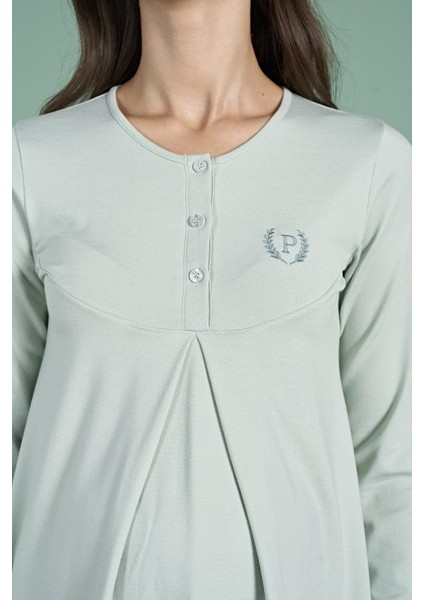 Kadın Yeşil Renk Yarım Düğmeli Uzun Kollu Lohusa Pijama Takımı C6T4N91 indirimleri