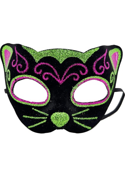 Siyah Kadife Kaplama Üzeri Pembe Yeşil Sim Işlemeli Kedi Maskesi 20X13 cm - Lisinya
