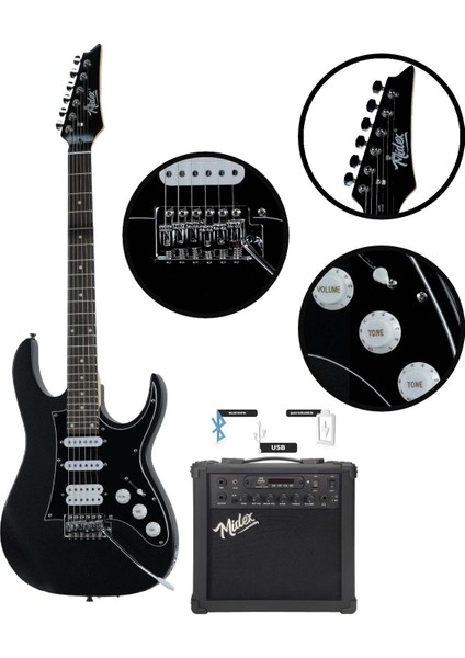 RPH-320BK-25AMP Siyah Renk Super Strat Kasa Hss 25W Amfili Elektro Gitar Seti modelleri