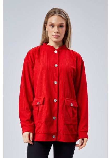 Fitilli Kadife Kumaş Çift Cepli Düğmeli Spor Ceket