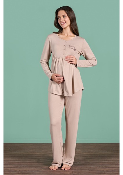 Kadın Vizon Renk Uzun Kollu Yarım Düğmeli Lohusa Pijama Takımı C5T4N91