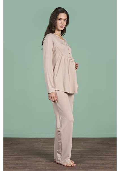 Kadın Vizon Renk Uzun Kollu Yarım Düğmeli Lohusa Pijama Takımı C5T4N91 modelleri