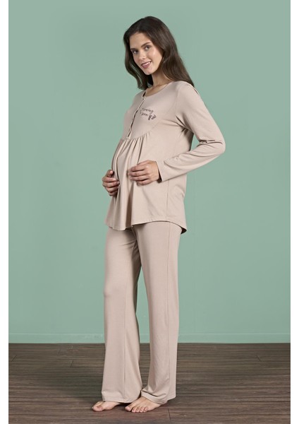 Kadın Vizon Renk Uzun Kollu Yarım Düğmeli Lohusa Pijama Takımı C5T4N91 fırsatları