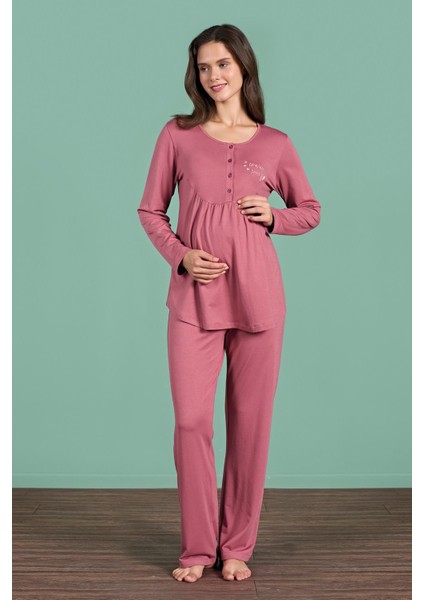 Kadın Gül Kurusu Renk Uzun Kollu Yarım Düğmeli Lohusa Pijama Takımı C5T4N91