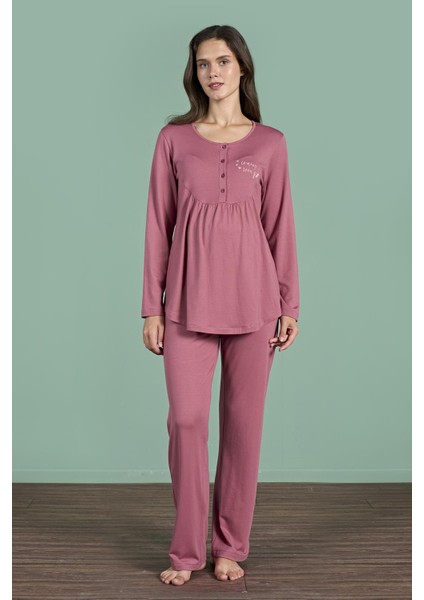 Kadın Gül Kurusu Renk Uzun Kollu Yarım Düğmeli Lohusa Pijama Takımı C5T4N91 fiyatları