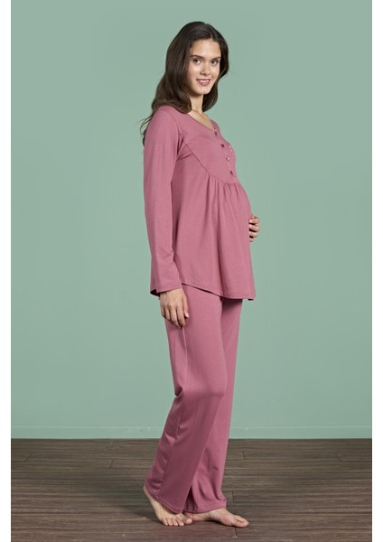 Kadın Gül Kurusu Renk Uzun Kollu Yarım Düğmeli Lohusa Pijama Takımı C5T4N91 modelleri