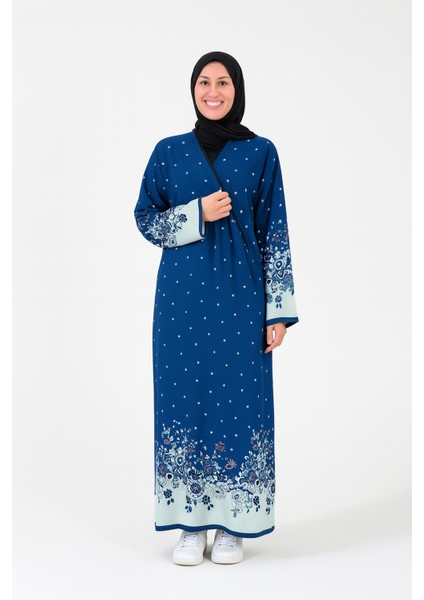 Noktalı Çiçek Desen Kruvaze Namaz Elbisesi – %100 Viskon, Yandan Bağlamalı, Rahat Kalıp 36-46 Beden
