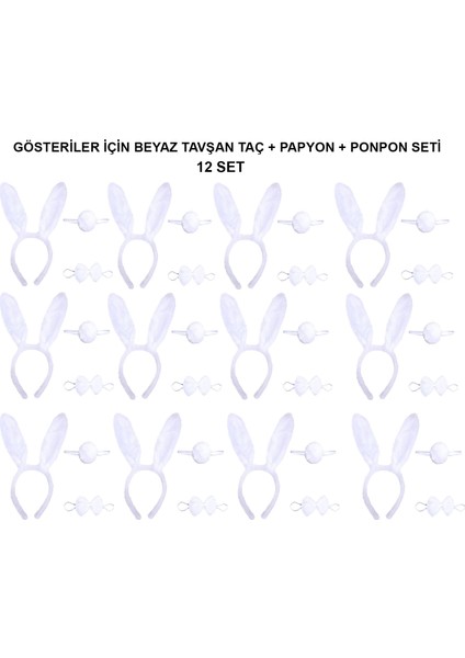 Beyaz Tavşan Kostüm Seti – Taç, Papyon, Kuyruk (12’li Paket) - Lisinya