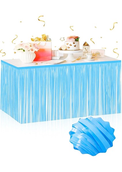 Kendinden Yapışkanlı Makaron Mavi Püsküllü Masa Eteği – 75 x 275 cm Parti Süslemesi - Lisinya