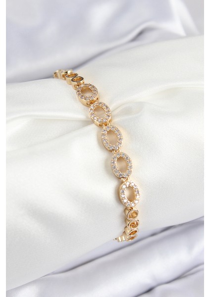 Pirinç Zirkon Taşlı Oval Model Gold Renk Kadın Bileklik - Lisinya