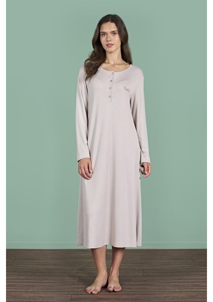 Kadın Vizon Renk Yarım Düğmeli Uzun Kollu Maxi Boy Gecelik C3T4N91