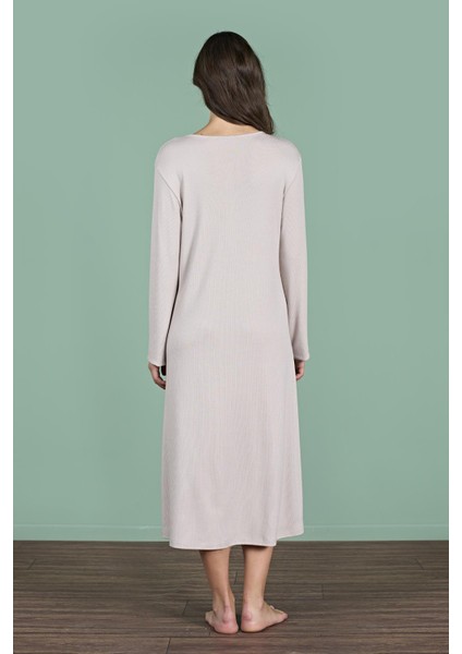 Kadın Vizon Renk Yarım Düğmeli Uzun Kollu Maxi Boy Gecelik C3T4N91 indirimleri