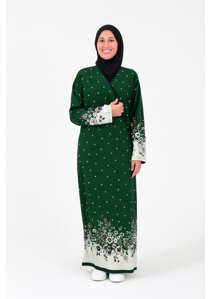 Noktalı Çiçek Desen Kruvaze Namaz Elbisesi – %100 Viskon, Yandan Bağlamalı, Rahat Kalıp 36-46 Beden modelleri