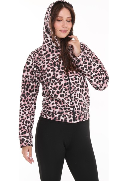 Kapüşonlu Fermuarlı Leopar Desen Üç Iplik Şardonlu Eşofman Üstü, Ceket indirimleri