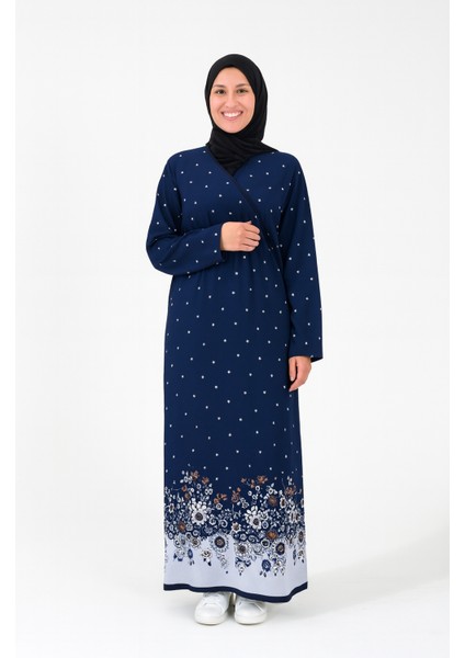 Noktalı Çiçek Desen Kruvaze Namaz Elbisesi – %100 Viskon, Yandan Bağlamalı, Rahat Kalıp 36-46 Beden