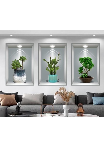 Nessiworld 3D Çiçek Vazo Duvar Sticker 3 Lü Set Gri Fon modelleri