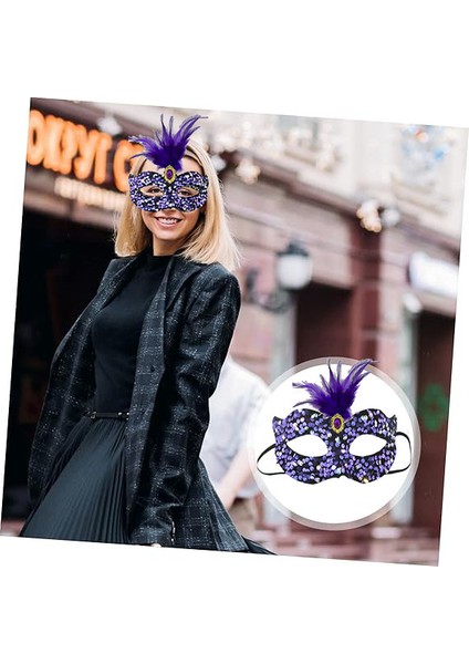 Nessiworld Siyah Kadife Üzeri Rengarenk Payetli Pullu Mor Tüylü Mor Taşlı Parti Maskesi 19X21 cm