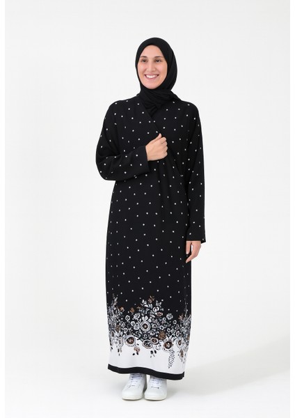 Noktalı Çiçek Desen Kruvaze Namaz Elbisesi – %100 Viskon, Yandan Bağlamalı, Rahat Kalıp 36-46 Beden