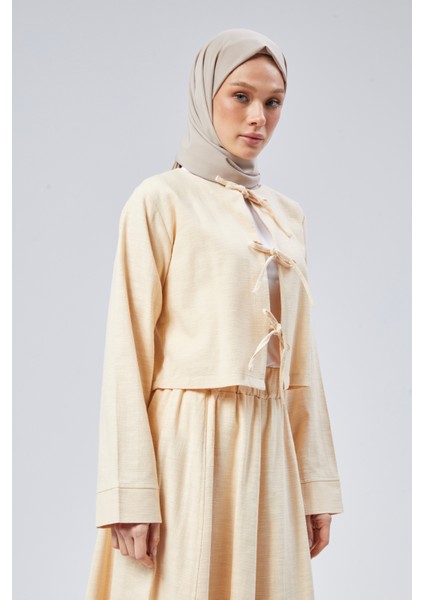 Flamlı Keten Etekli Kimono Ceket Takım modelleri