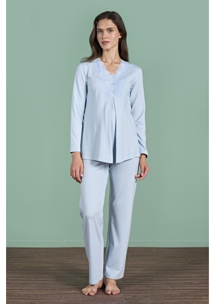 Kadın Mavi Renk Dantel Yaka Uzun Kollu Lohusa Pijama Takımı C4T4N91 fiyatları