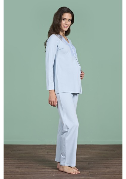 Kadın Mavi Renk Dantel Yaka Uzun Kollu Lohusa Pijama Takımı C4T4N91 modelleri