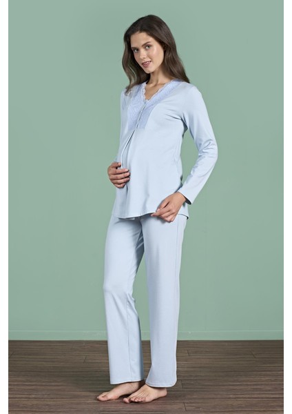 Kadın Mavi Renk Dantel Yaka Uzun Kollu Lohusa Pijama Takımı C4T4N91 fırsatları
