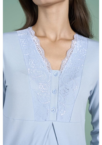 Kadın Mavi Renk Dantel Yaka Uzun Kollu Lohusa Pijama Takımı C4T4N91 indirimleri