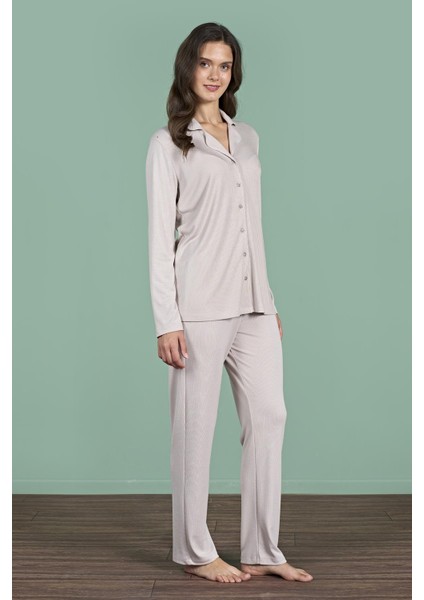 Kadın Vizon Renk Önden Düğmeli Uzun Kollu Gömlek Yaka Pijama Takımı C1T4N91 fiyatları