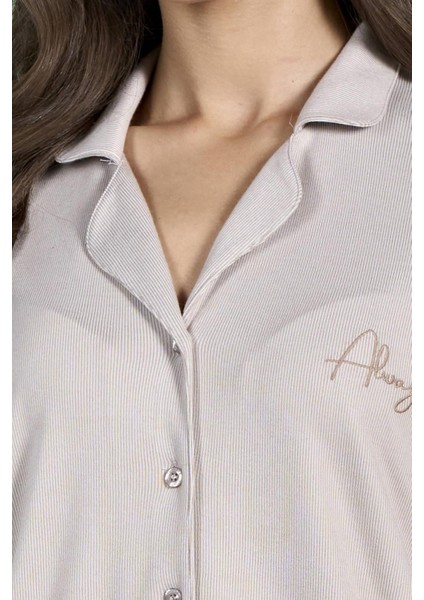 Kadın Vizon Renk Önden Düğmeli Uzun Kollu Gömlek Yaka Pijama Takımı C1T4N91 fırsatları