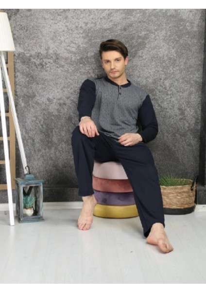 Erkek Jakarlı %100 Pamuklu Penye Pijama Takımı Gri