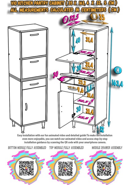 Vio Çok Amaçlı Dolap: (35X163.4X32,5 Cm) Ölçülerinde, Çekmeceli ve Kapaklı Mutfak Dolabı. fırsatları