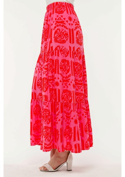 Viskon Kumaş Pembe Kırmızı Desenli Fırfırlı Yırtmaçlı Uzun Etek indirimleri