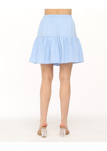 Likralı Krep Kumaş Mavi Mini Şort Etek