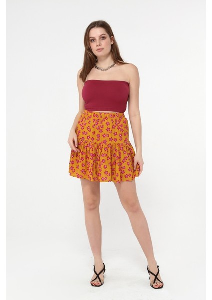 Beli Lastikli Viskon Kumaş Çiçek Desenli Turuncu Şort Etek modelleri