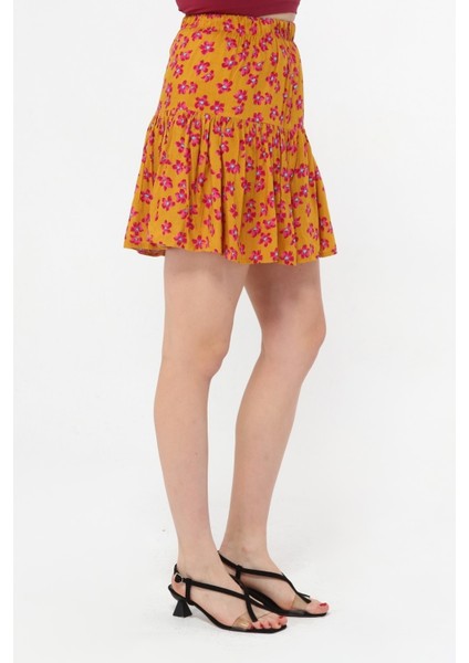 Beli Lastikli Viskon Kumaş Çiçek Desenli Turuncu Şort Etek indirimleri