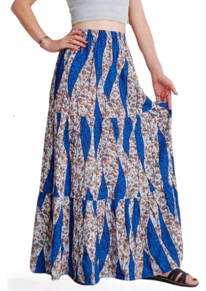 Viskon Kumaş Fırfırlı Üç Kat Uzun Mavi Kadın Etek