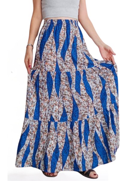 Viskon Kumaş Fırfırlı Üç Kat Uzun Mavi Kadın Etek fırsatları