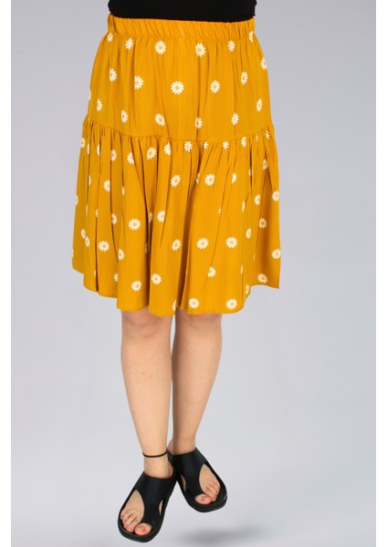 Sarı Viskon Kumaş Papatya Çiçekli Midi Boy Şort Etek