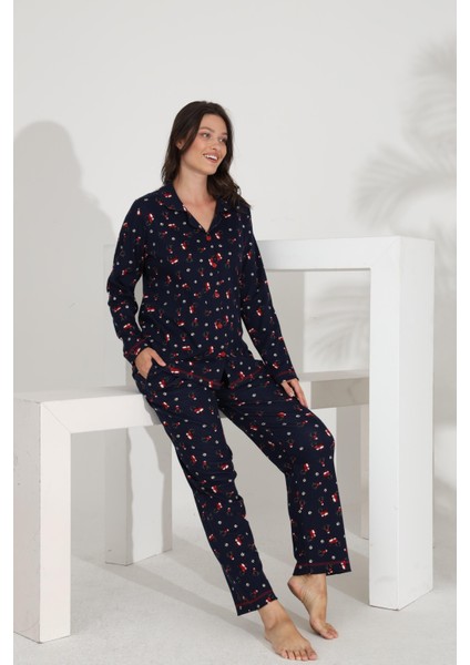 %100 Pamuk Uzun Kol Boydan Düğmeli Cepli Kadın Pijama Takımı 98302-303