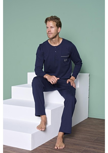 Erkek Lacivert Uzun Kollu Düğmeli Yaka Cep Detaylı Pijama Takımı C8T3N91
