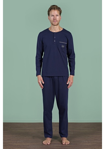 Erkek Lacivert Uzun Kollu Düğmeli Yaka Cep Detaylı Pijama Takımı C8T3N91 modelleri
